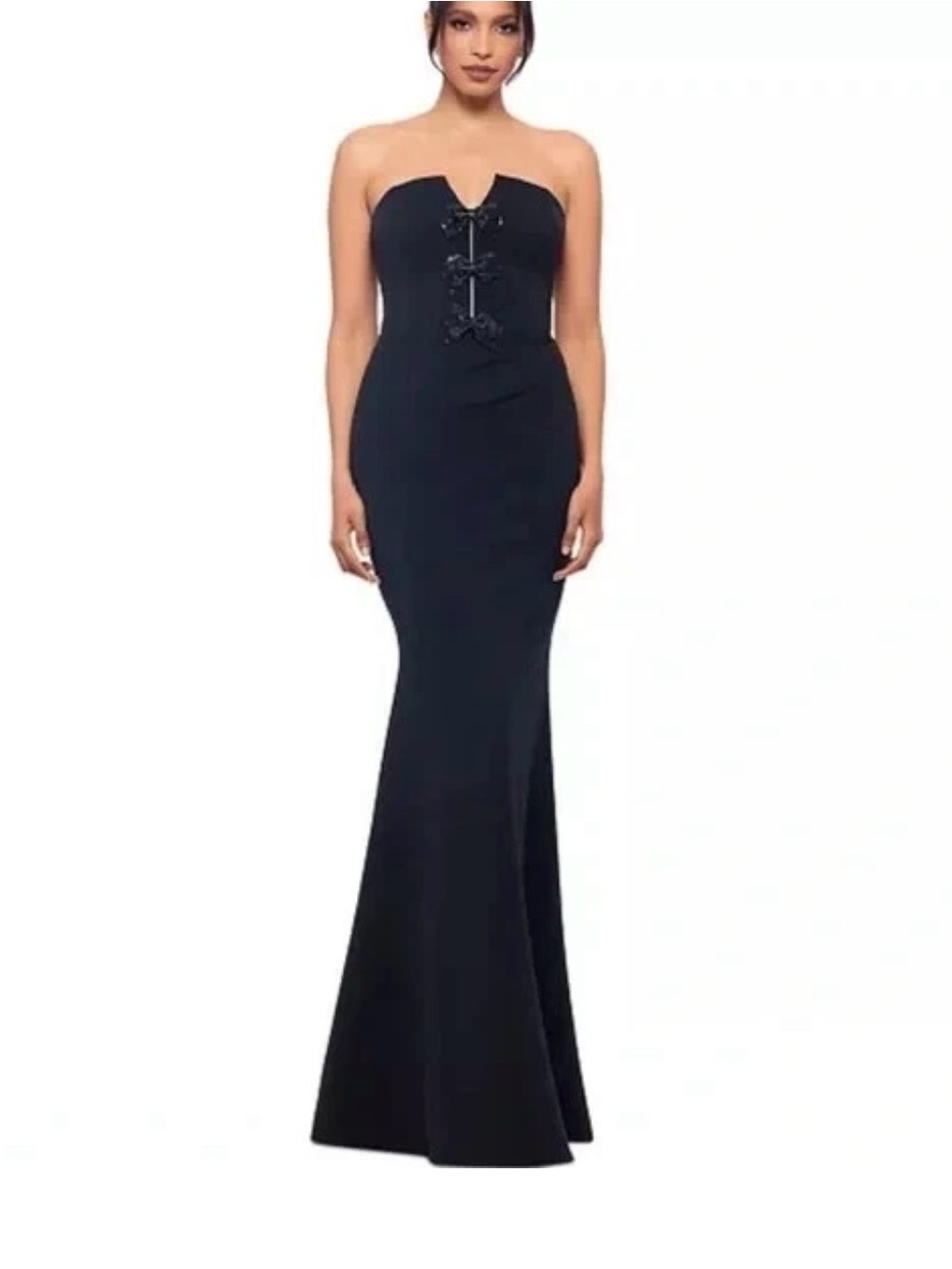 Betsy & Adam Strapless Black Trumpet Gown with Decorative Front Bows